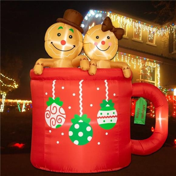 6 Ft Inflatable Cup Gingerbread Man with LED Christmas Lights